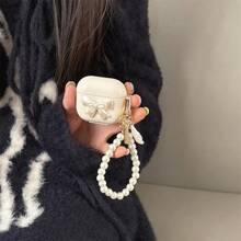 Butterfly Shaped Handmade Earphone Case, Hanging Lanyard Earbud Protective Cover, Cute Soft Case Compatible With AirPods 4/3/Pro/1/2, AirPods Pro 2 - Beige Butterfly + Shell Pearl Chain - View 4