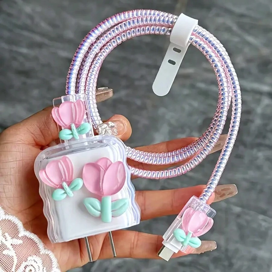 5 件 3D 郁金香花形充电数据线保护器，20W，TPU 材质，兼容 ，送给女朋友的理想礼物，不含电池 Nan 数据线保护器 充电器配件 手机配件