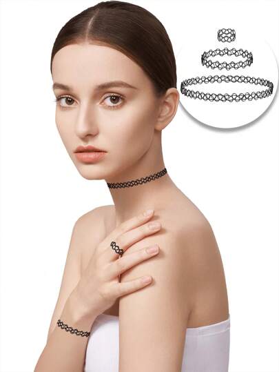 Xiacheng Set de 3 coliere cu tatuaje: colier, brățară, inel - îmbină stilul anilor '90 cu moda vintage Y2K din anii 2000 - accesorii de bijuterii elastice inspirate de tatuaje pentru adulți