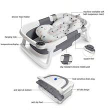 Portable Foldable Baby Bath Tub With Temperature Indicator And Cushion Bath Pad Grey - Grey - View 3