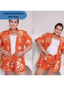 Conjunto Kimono Plus Size Tecido Duna e ou Viscolinho Moda Verão Lançamento - Preto - Visão 3