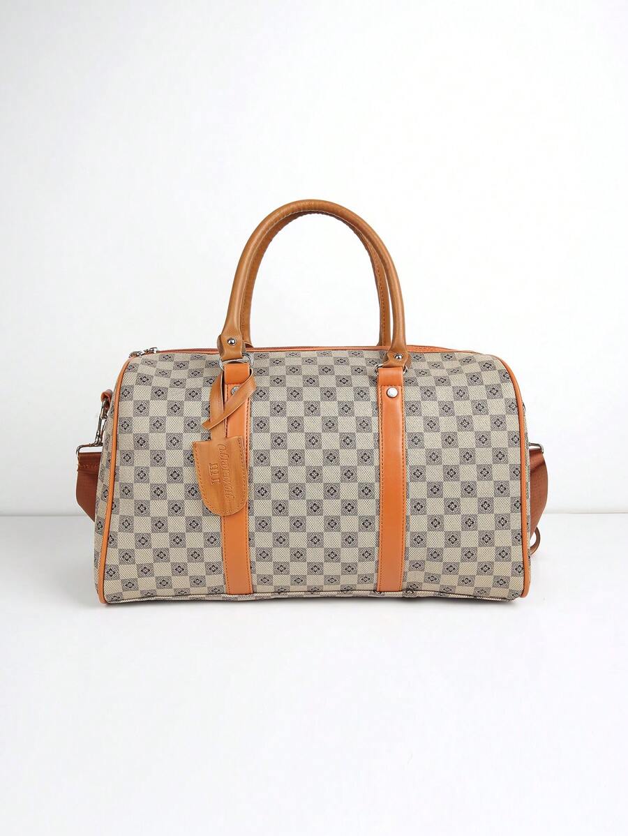 大卡其色字母拼色条纹PU大容量轻便可折叠拉链旅行商务男士手提包商务出差行李包衣物杯子笔记本iPad拖鞋度假出差郊游男士四季 - 白色 - 查看 1