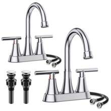 THE Bathroom Faucets 4 Inch Matte Black Bathroom Sink Faucet, Stainless Steel Lead-Free 2-Handle Centerset Faucet With Pop-Up Drain And 2 Supply Hoses Fits 2 Or 3-Hole Sink