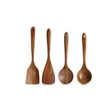 Utensilios de cocina de madera de alta gama, espátulas y cucharas resistentes al calor, adecuados para sartenes antiadherentes y cucharas y tenedores para ensalada