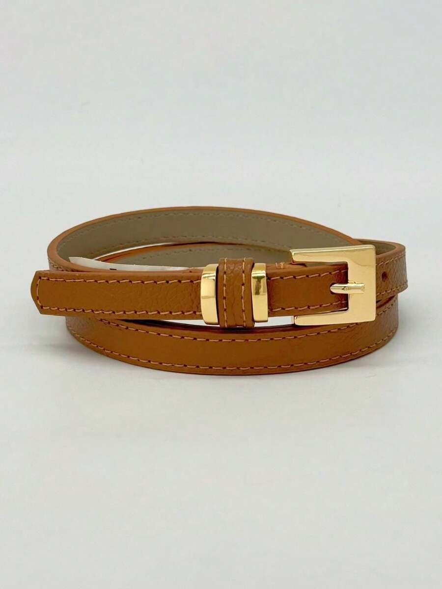 Women's Genuine Leather Belt With Gold Square Buckle - 駝色 - 查看 1