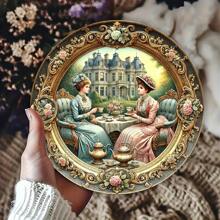 8x8 Inch Round Vintage Victorian Garden Tea Party Metal Sign, Elegant Lady & Garden Scene Wall Decor, Suitable For Tea Room, Study, Dining Room And Cafe, Random Hole Style - Multicolor - View 5