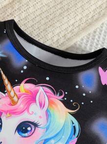 Girls Sleepwear Set: Unicorn Print Glow-In-The-Dark Pullover Top And Comfortable Shorts, Summer - Black - View 4