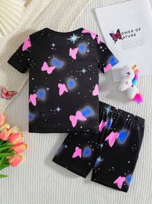 Girls Sleepwear Set: Unicorn Print Glow-In-The-Dark Pullover Top And Comfortable Shorts, Summer - Black - View 2