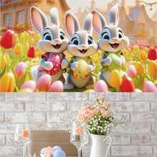 1st Paashaas Achtergrond Met Tulpen Horizontale Banner, Fotografie Vakantie Feestdecoratie, Multi-Size, Polyester