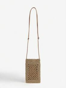 女士新款手工钩针包，复古波西米亚编织设计，镂空钩针图案休闲百搭单肩/斜挎小包，适合度假和海滩，含钱包 - 金色 - 查看 1