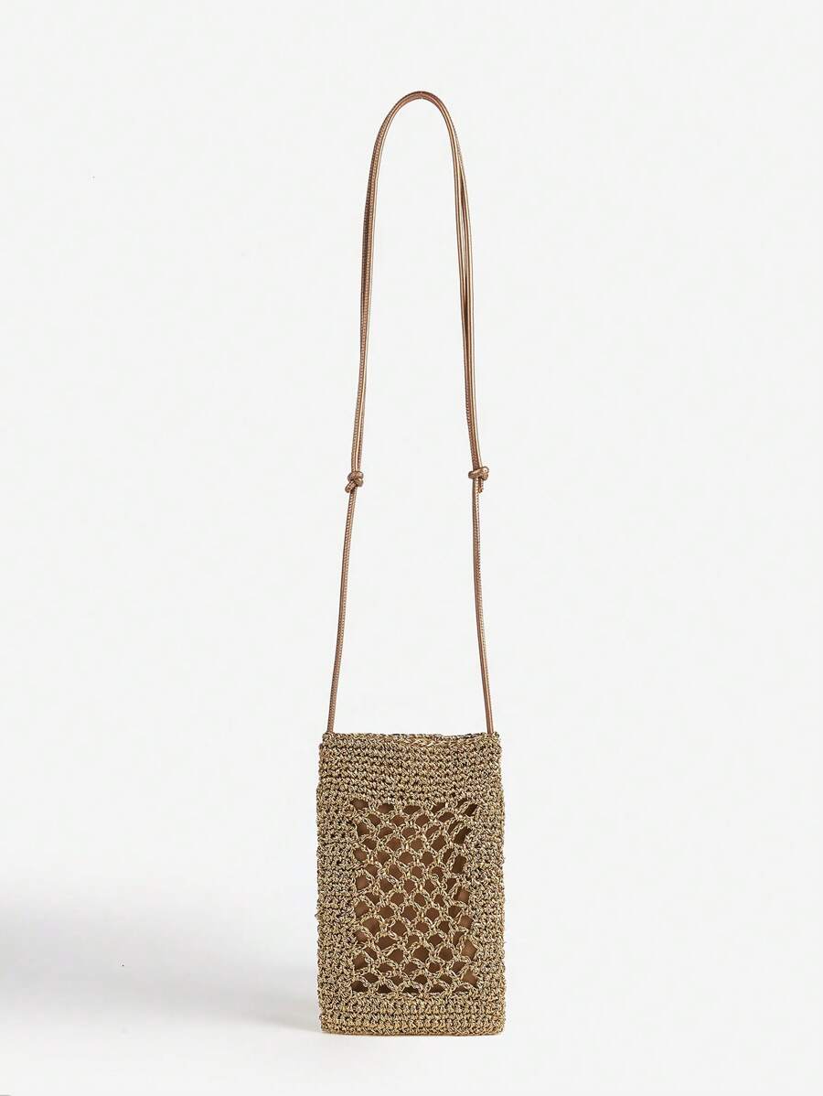 女士新款手工钩针包，复古波西米亚编织设计，镂空钩针图案休闲百搭单肩/斜挎小包，适合度假和海滩，含钱包 - 金色 - 查看 1