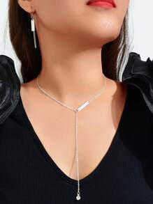 Bộ trang sức 3 món dây chuyền bạc trang trí kiểu chữ Y và dây chuyền tua rua hoa tai - Bạc - Xem 2