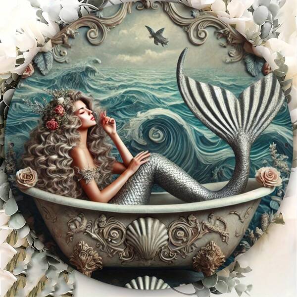 Oceanic Bliss, Mermaid Wooden Wall Decor - Round Decorative Sign, Classic Style, Waterproof And Weatherproof, Suitable For Indoor/Outdoor Use, Great For Home And Office Decor, Ideal For Room Decoration, Random Hole Design