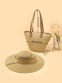 1pc Women Boho Vacation Straw Hat + 1pc Matching Tote Bag Set - Khaki - View 7