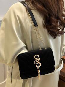 Women's Vintage Letter S Tassel Decor Suede Quilted Shoulder Bag, New Elegant Solid Color Square Mobile Phone Coin Evening Bag & Valentine's Day Gift, Versatile Travel Vacation Shopping Crossbody Bag, Lightweight Daily Commuting Office Chain Bags - Black - View 7