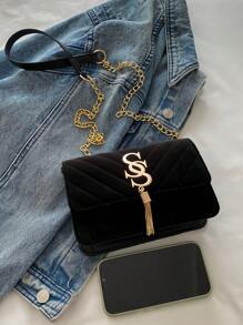 Women's Vintage Letter S Tassel Decor Suede Quilted Shoulder Bag, New Elegant Solid Color Square Mobile Phone Coin Evening Bag & Valentine's Day Gift, Versatile Travel Vacation Shopping Crossbody Bag, Lightweight Daily Commuting Office Chain Bags - Black - View 6