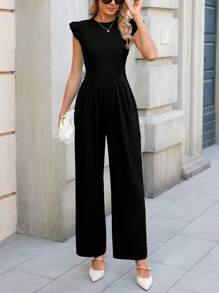 Women's Summer Romper Stylish Elegant Casual Ruffled Sleeved Romper Round Neck Ribbed Knit Romper - 黑色 - 查看 3