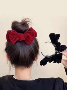1pc Girl's Double-Sided Chiffon Double Bow Hair Claw Clip - Rose Red - View 1