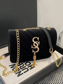 Women's Vintage Letter S Tassel Decor Suede Quilted Shoulder Bag, New Elegant Solid Color Square Mobile Phone Coin Evening Bag & Valentine's Day Gift, Versatile Travel Vacation Shopping Crossbody Bag, Lightweight Daily Commuting Office Chain Bags - Black - View 4