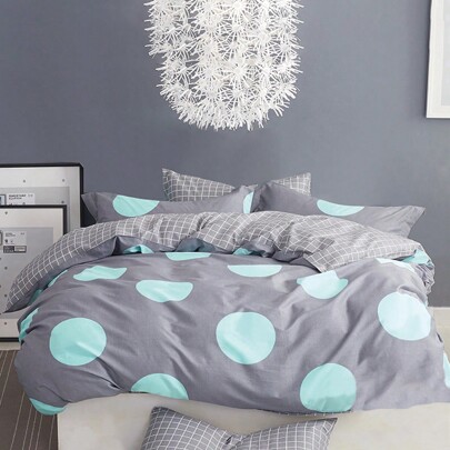 Conjunto de cama de algodão com estampa de círculo azul cinza, primavera/outono