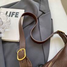 Large Capacity Versatile Fashionable Casual Niche Design Simple Solid Color Zipper Shoulder Crossbody Saddle Bag, Commute Dumpling Bag - Brown - View 5