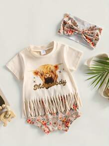 Kids Girls Pants Suit, Casual Street Party Short Sleeves Shirt + Floral Short Pants + Headband