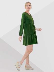 Miss Lavish London Long Sleeve V-Neck Summer Dresses For Women 2024 Casual Elegant Sundress With Pockets, Stylish Tennis Dress, Perfect For Work Or Events, Boho Dress, Fall Wedding Dresses, BLUE-2XL - Sacramento Green - View 3