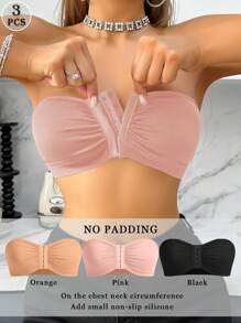 3pcs Multi-Color Front Clasp Lingerie Bra, Strapless Seamless Lingerie Bra, Wireless Bandeau Tube Top - Multicolor - View 2