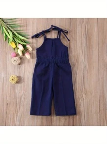 Cute Baby Girls Summer Sleeveless Jumpsuit Solid Color High Waist Denim One-Piece Trousers Kids Fashion Casual Overalls, Fashion, Casual - 藍色 - 查看 4