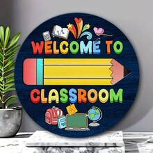 8-Inch Round Wooden Classroom Welcome Sign, Wall-Mounted Teacher Door Plaque, Multipurpose Education Decor, English Language, Ideal Teacher & Back-To-School Gift, Random Mounting Style