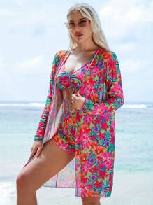 Full Print String Bikini With Beach Cover Up Kimono 3-Pieces Geometric Print Bikini Sets, V Neck Boxer Short Bottom With Cover Shirt Long Sleeves Swimsuit, Women's Swimwear & Clothing Valentine's Day - Đỏ - Xem 5