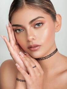 Xiacheng 1/3 Piece Tattoo Necklace Set: Necklace, Bracelet, Ring - Blending 90s Necklace Style And 2000s Y2K Retro Fashion - Adult Elastic Tattoo Style Jewelry Accessories - Black - View 4