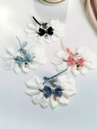 宠物蕾丝围城项圈和可爱蝴蝶结，甜美蕾丝围城宠物猫围巾宠物宠物头围巾服装小狗和猫服装配饰，可爱猫服装，可调节狗生日服装，带珍珠的漂亮蕾丝女孩猫项圈，适合小型犬的狗服装，生日，节日，日常