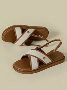 女士厚底单带搭扣凉鞋，撞色纽扣装饰，波西米亚风格，复古编织露趾，舒适厚底，适合海滩，2026春夏/秋季，棕色运动休闲交叉罗马凉鞋，加大码41-43 - 棕色 - 查看 4