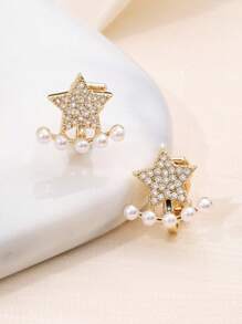 1 Pair Fashion Pentagram Copper Micro-Inlaid + Pearl Clip On Earrings, No Piercing Required, Suitable For Women And Men, Celebrity Style, Versatile For Party, Club, School, Business, Holiday, Daily Wear (Factory Direct Low Price) - JS/YS - View 11