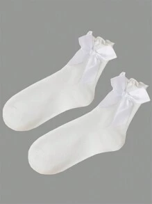 1/4 pares/set Calcetines con volantes de tripulación de color blanco liso, cómodos, con diseño de encaje y ribete para mujeres