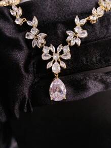 1 套 3 件时尚简约锆石项链和耳环套装，新娘礼服婚礼晚会配饰，带花卉和泪珠设计，适合女士 - 白色 - 查看 4