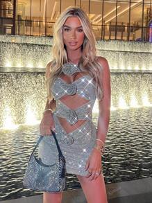 Vestido Curto Bodcon Feito à Mão de Tela Brilhante com Lantejoulas e Vazada, Vestido de Festa Cocktail Sexy de Ajuste Justo com Decoração de Flor e Strass, Vestido de Convidado de Casamento, Formal, Noite