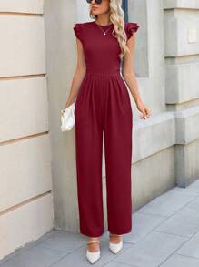 Women's Summer Romper Stylish Elegant Casual Ruffled Sleeved Romper Round Neck Ribbed Knit Romper - 酒紅色 - 查看 5