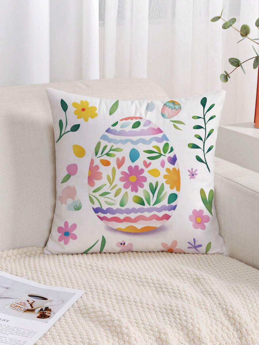 1 件花卉和复活节彩蛋图案靠垫套，现代布艺印花装饰枕套，适用于沙发、客厅家居装饰，无填充物