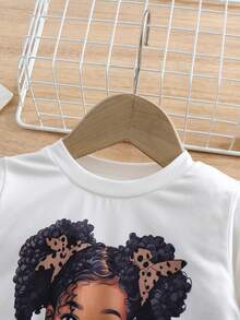 2 piezas Conjunto de ropa para niñas, blusa de manga larga con estampado de retrato de niña linda y pantalones casuales con aspecto de mezclilla, adecuado para uso diario, juego al aire libre y regalos festivos, otoño/invierno