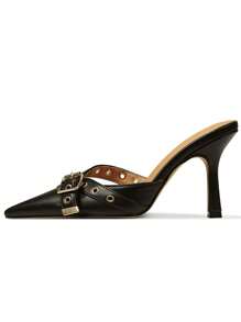 Mules Heels For Women Kitten Heel Sandals Pointed Toe Buckle Slip On Studded Pointed Stiletto Heels Party Dress Pumps - Black - View 6