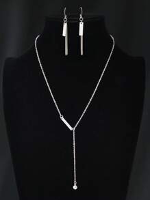 Bộ trang sức 3 món dây chuyền bạc trang trí kiểu chữ Y và dây chuyền tua rua hoa tai - Bạc - Xem 1