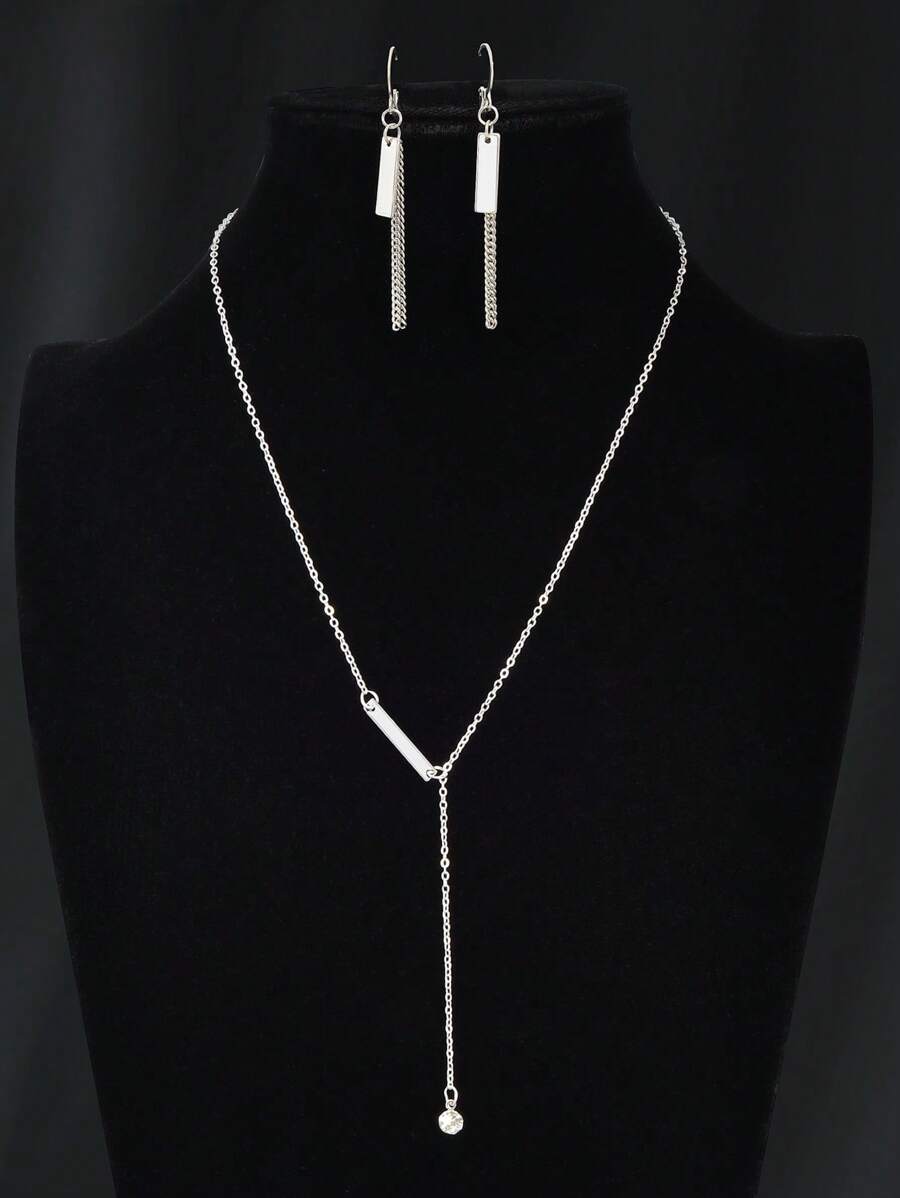 Bộ trang sức 3 món dây chuyền bạc trang trí kiểu chữ Y và dây chuyền tua rua hoa tai - Bạc - Xem 1