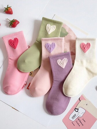 2/4/8 双儿童简约随机糖果色高弹力中筒袜，大心形设计儿童袜子，适合青少年、儿童、婴儿和女孩的运动袜，适合春/夏/秋/冬，颜色随机