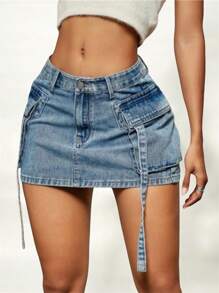 Falda cargo de mezclilla - Azul lavado medio - Ver 1