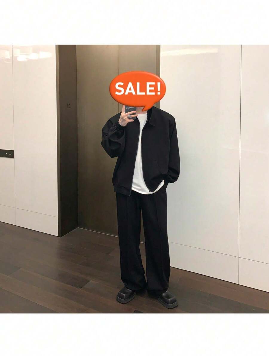 2025 Men's Loose Fit Shoulder Padded Stand Collar Sweatshirt Two-Piece Set