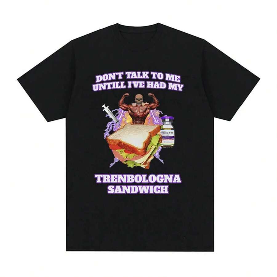 Trenbolone Funny Gym Graphic T Shirts Trenbologna Sandwich Print Short Sleeve T-Shirt Men's Fashion 100% Cotton Oversized Tshirt - Black - View 1