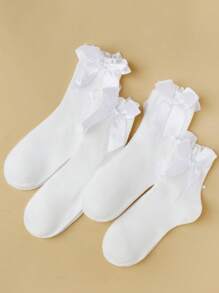 1/4 pares/set Calcetines con volantes de tripulación de color blanco liso, cómodos, con diseño de encaje y ribete para mujeres