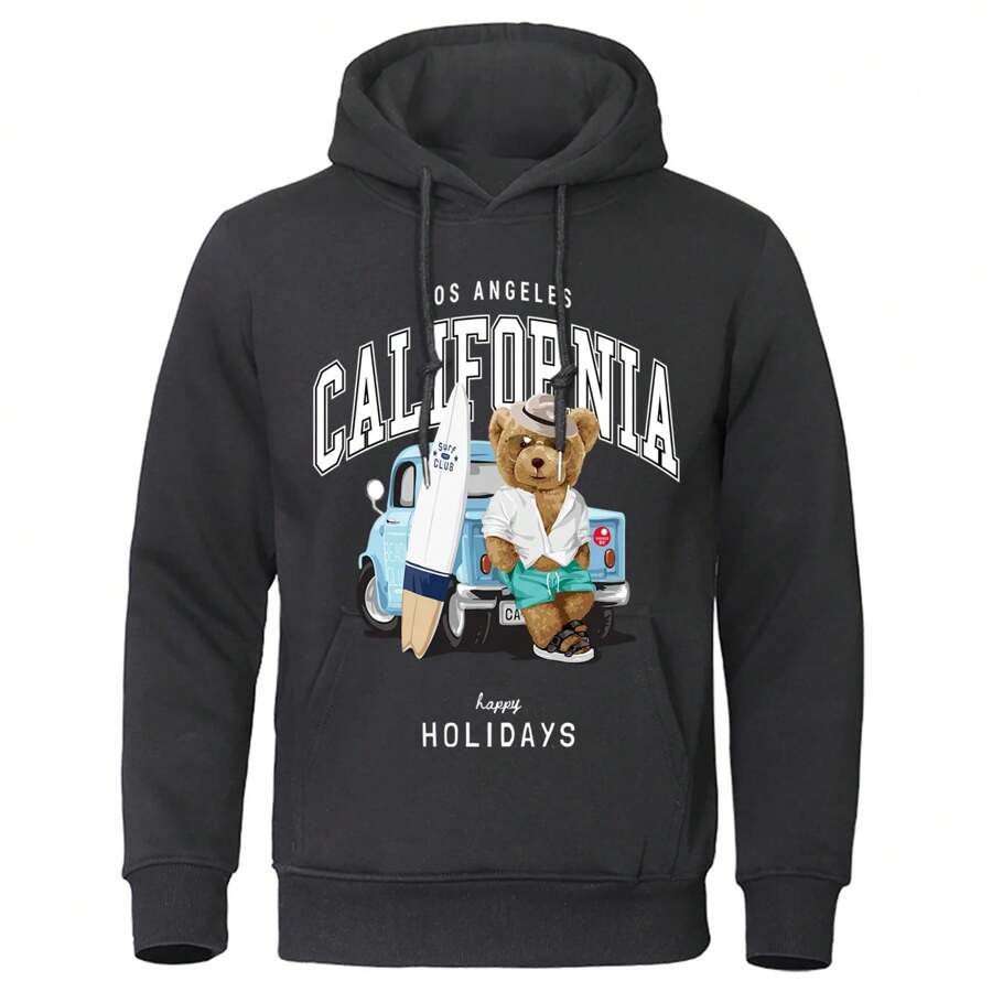 Happy Holiday Bear California Letter Print Man Hooded Casual Fit Hoodies Korean Big Size Hoodie Simple Fur-Liner Sportswear - màu đen - Xem 1